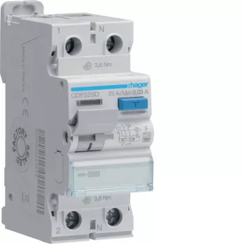 HAGER CDF525D Apsauginis išjungiklis 2P 10kA 25A 30mA F tipo