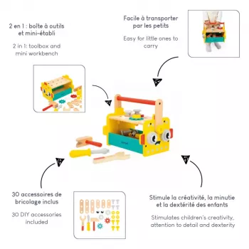 Janod Brico'kids Tool Box with Tools - Wooden Pretend Play Set