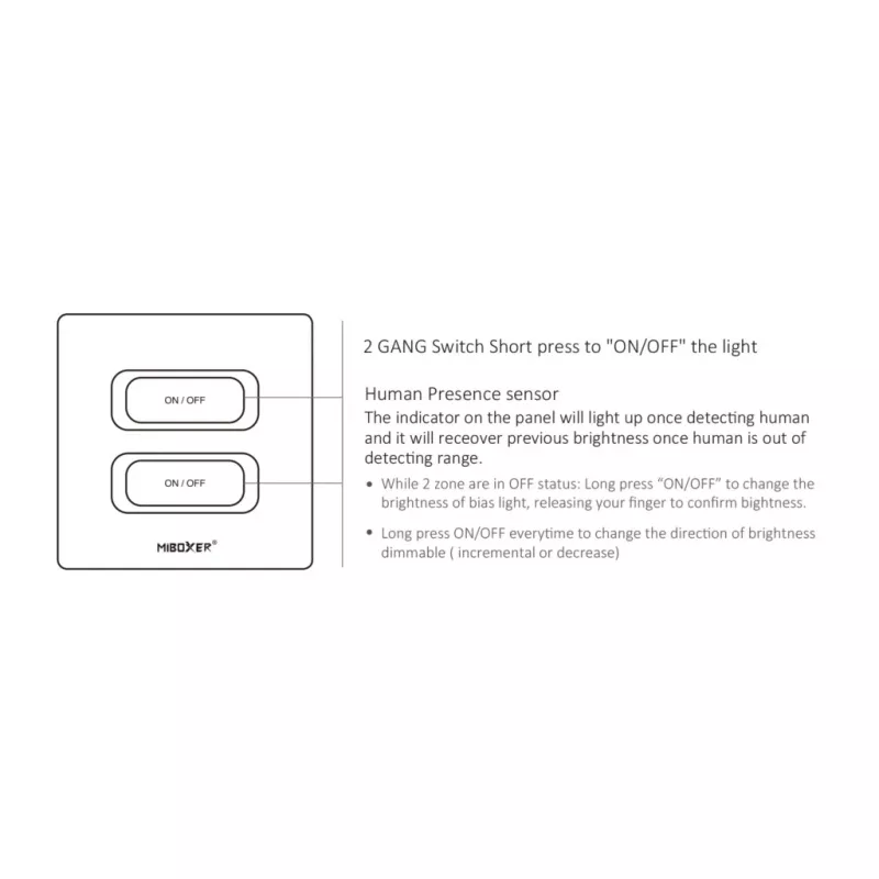 MIBOXER ESW2B 2-Gang Smart Switch LED nuotolinio valdymo pultas su WiFi ir 2,4GHz judesio jutikliu bei reguliavimu