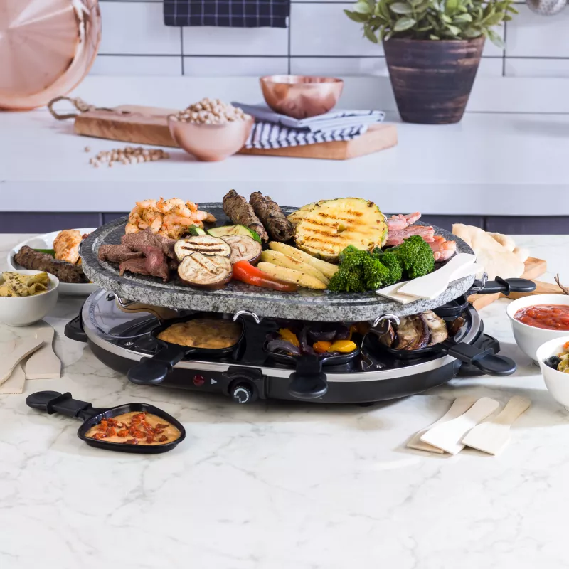 Giles & Posner EK1872GV2VDE Stalo akmeninis raclette grilis - 1200W, tinka 8 asmenims, juoda/pilka