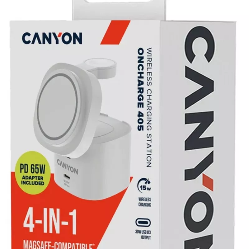 Canyon 4 in 1 Wireless Charging Stand, 30W max, Size: 70x70x70.3mm, weight: 414g, su 1M laidu, baltas