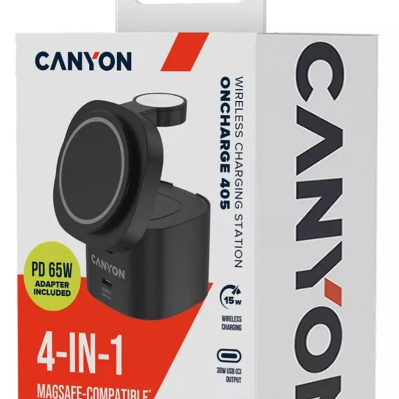 Canyon 4 in 1 Wireless Charging Stand, 30W max, Size: 70x70x70.3mm, weight: 414g, su 1M laidu, juoda