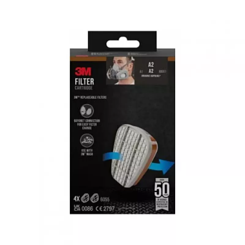 3M 6055 A2 Dujų Filtras Respiratoriams, 4 Poros (8 Filtrai), EN 14387:2004 + A1:2008