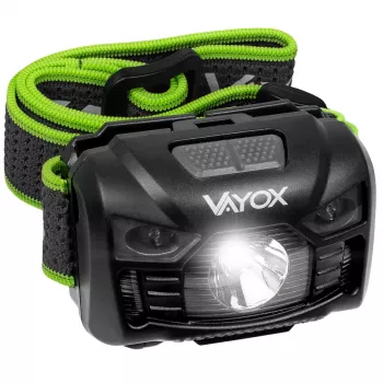 VAYOX VA0020 įkraunamas žibintuvėlis ant galvos, 170 lm, judesio jutiklis, 1200 mAh, USB-C, IP66, juodos spalvos