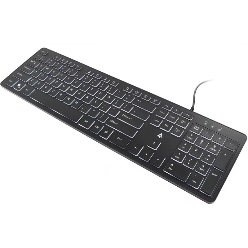 Accura Artesia ACC-K1408 apšviesta laidinė USB membraninė klaviatūra, viso dydžio QWERTY, daugiaspalvis LED, juoda