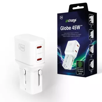 3mk incharge® Globe 45W™ 2C PD QC4+ PPS SCP AFC US/EU/AUS/UK White