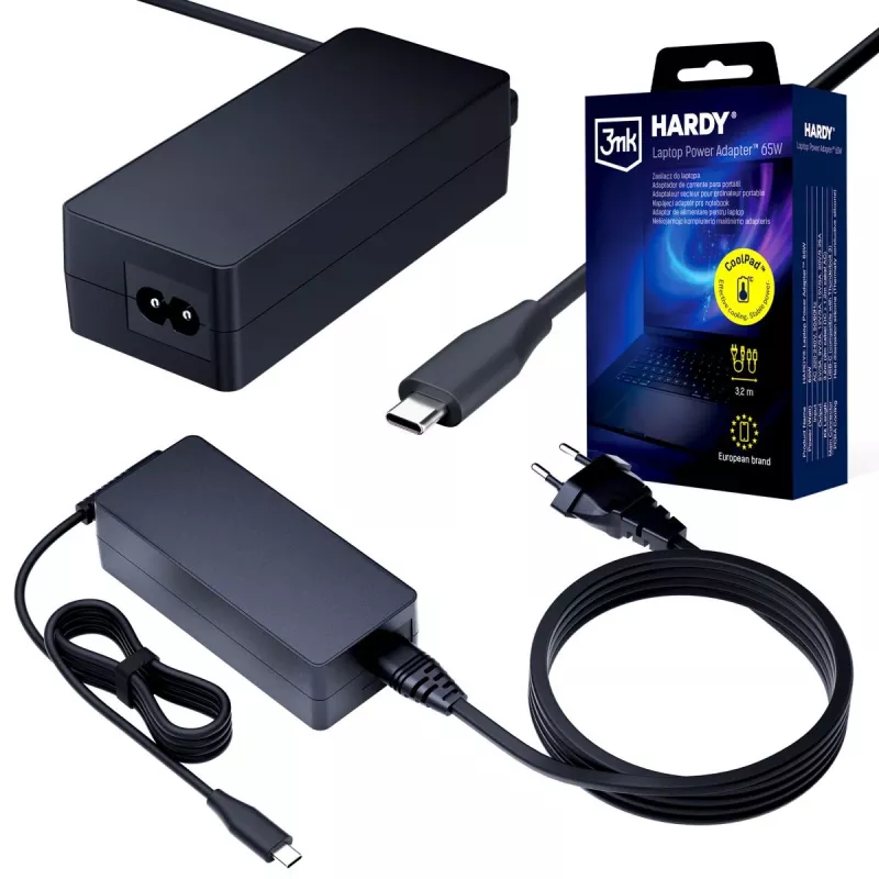 3MK HARDY nešiojamojo kompiuterio maitinimo adapteris 65W USB-C 3,2m juodas