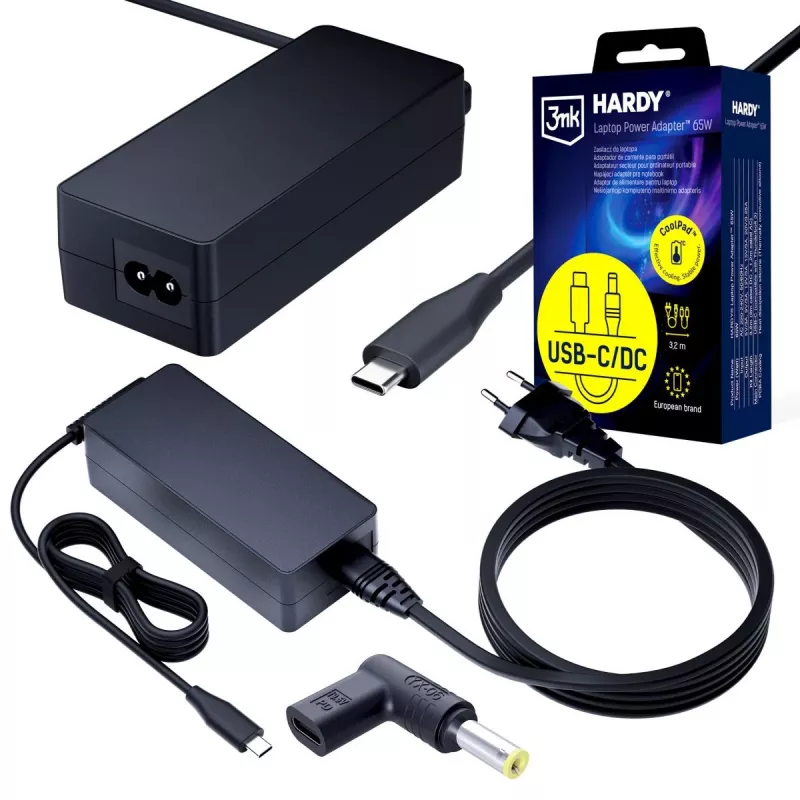 3MK PROTECTION 3mk HARDY® nešiojamojo kompiuterio maitinimo adapteris 65W, skirtas IBM/Lenovo/Asus/Toshiba/Acer/Compaq/HP/Dell, 20V USB-C/DC 5.5x2.5mm