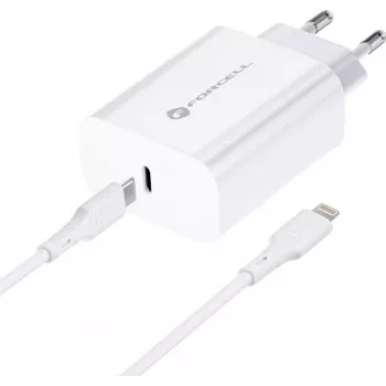 FORCELL F-ENERGY TFK-TC-20WPD USB-C sieninis įkroviklis su USB-C į Lightning laidu, 20W PD QC4.0, 3A, baltas