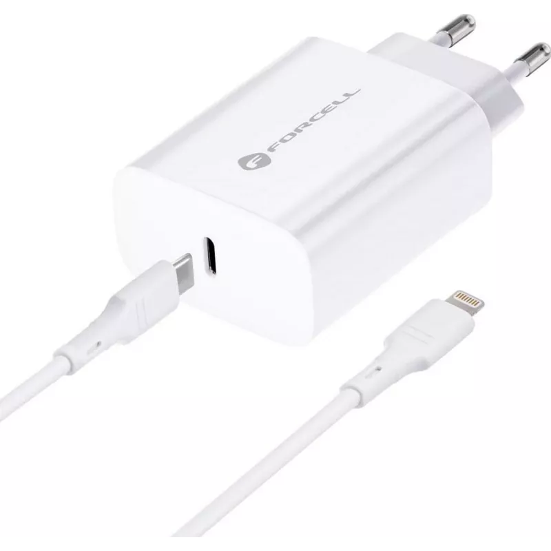 FORCELL F-ENERGY TFK-TC-20WPD USB-C sieninis įkroviklis su USB-C į Lightning laidu, 20W PD QC4.0, 3A, baltas