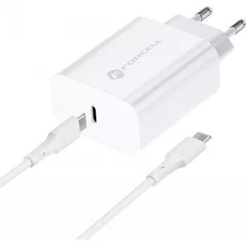 FORCELL F-ENERGY TFK-TC-25WPD USB-C sieninis įkroviklis 25W PD QC 3.0 su USB-C į USB-C kabeliu 3A Baltas