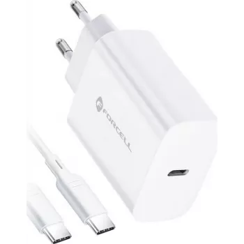 FORCELL F-ENERGY TFK-TC-25WPD USB-C sieninis įkroviklis 25W PD QC 3.0 su USB-C į USB-C kabeliu 3A Baltas