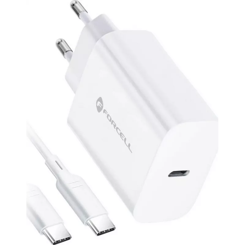 FORCELL F-ENERGY TFK-TC-25WPD USB-C sieninis įkroviklis 25W PD QC 3.0 su USB-C į USB-C kabeliu 3A Baltas