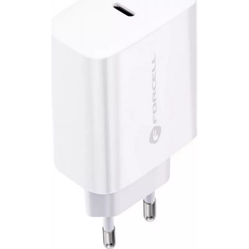 FORCELL F-ENERGY TFK-TC-25WPD USB-C sieninis įkroviklis 25W PD QC 3.0 su USB-C į USB-C kabeliu 3A Baltas