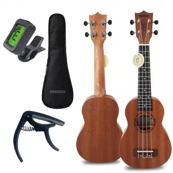 MOZOS GECKO Soprano ukulelės rinkinys - natūrali mediena, 12 griovelių, nailoninės stygos, įskaitant dėklą, derintuvą, plektrus, dirželį, atsargines stygas, valymo šluostę