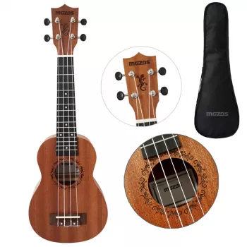 MOZOS GECKO Soprano ukulelės rinkinys - natūrali mediena, 12 griovelių, nailoninės stygos, įskaitant dėklą, derintuvą, plektrus, dirželį, atsargines stygas, valymo šluostę