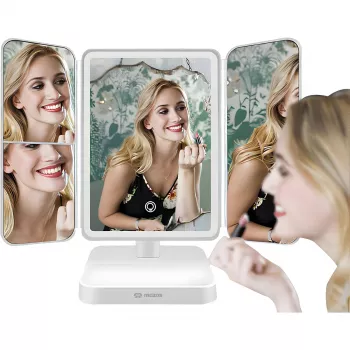 MOZOS ML10X LED Makeup Mirror su 10x padidinimu, 3 spalvų režimais, begaliniu reguliavimu, 360° sukimu, įkraunamas per USB-C, baltas