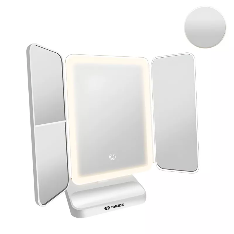 MOZOS ML10X LED Makeup Mirror su 10x padidinimu, 3 spalvų režimais, begaliniu reguliavimu, 360° sukimu, įkraunamas per USB-C, baltas