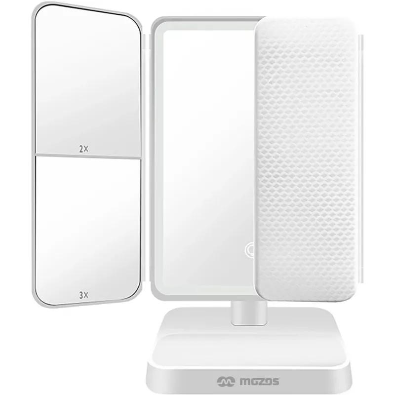 MOZOS ML10X LED Makeup Mirror su 10x padidinimu, 3 spalvų režimais, begaliniu reguliavimu, 360° sukimu, įkraunamas per USB-C, baltas