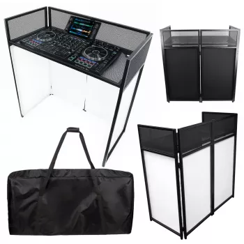 MOZOS EPDJ-100 DJ stendinis fasadas su stalu – didelis ekranas, baltas audinys, juodas rėmas