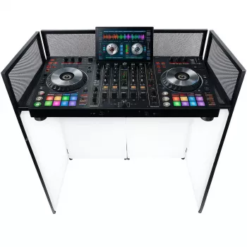MOZOS EPDJ-100 DJ stendinis fasadas su stalu – didelis ekranas, baltas audinys, juodas rėmas