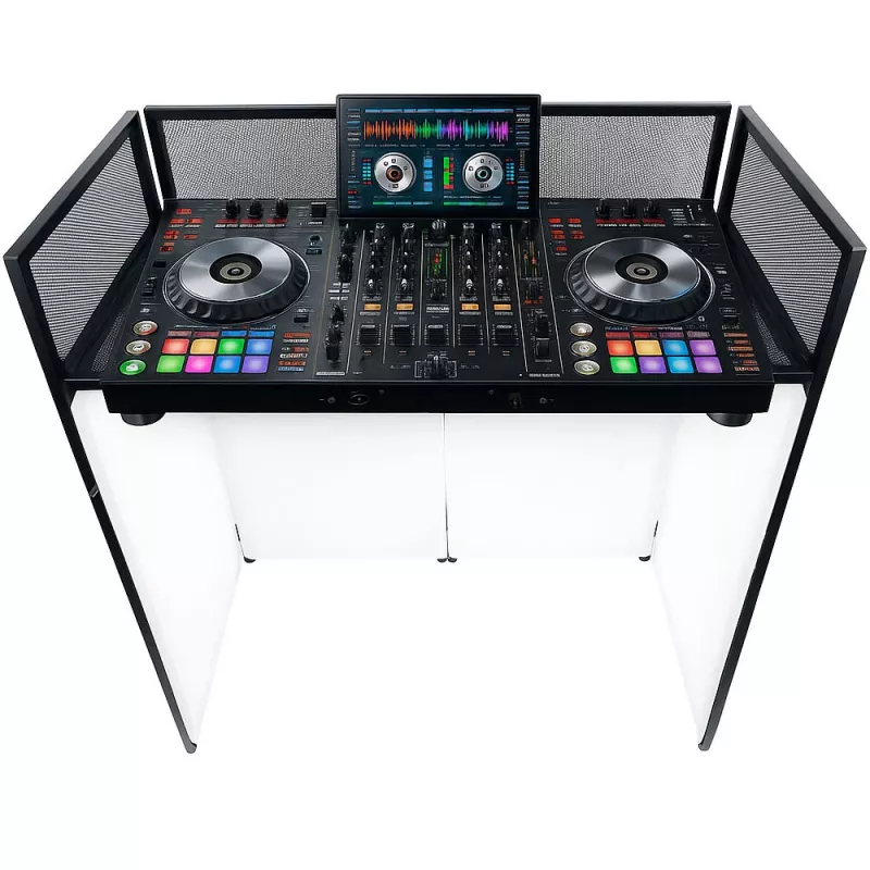 MOZOS EPDJ-100 DJ stendinis fasadas su stalu – didelis ekranas, baltas audinys, juodas rėmas