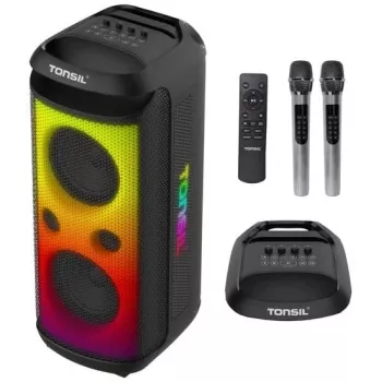 TONSIL Party Dance 1600 nešiojamas Bluetooth vakarėlių garsiakalbis su LED šviesomis, karaoke, 1600W PMPO, 80W RMS, 10 inch žemų dažnių garsiakalbiu, TWS, FM radiju, mikrofonu ir nuotolinio valdymo pulteliu