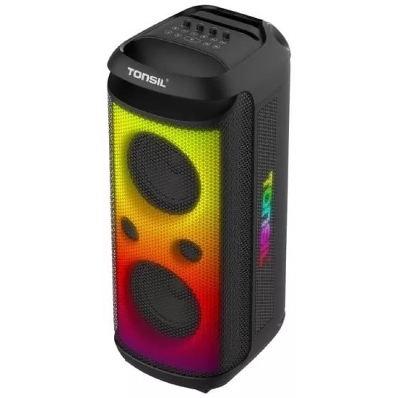 TONSIL Party Dance 1600 nešiojamas Bluetooth vakarėlių garsiakalbis su LED šviesomis, karaoke, 1600W PMPO, 80W RMS, 10 inch žemų dažnių garsiakalbiu, TWS, FM radiju, mikrofonu ir nuotolinio valdymo pulteliu