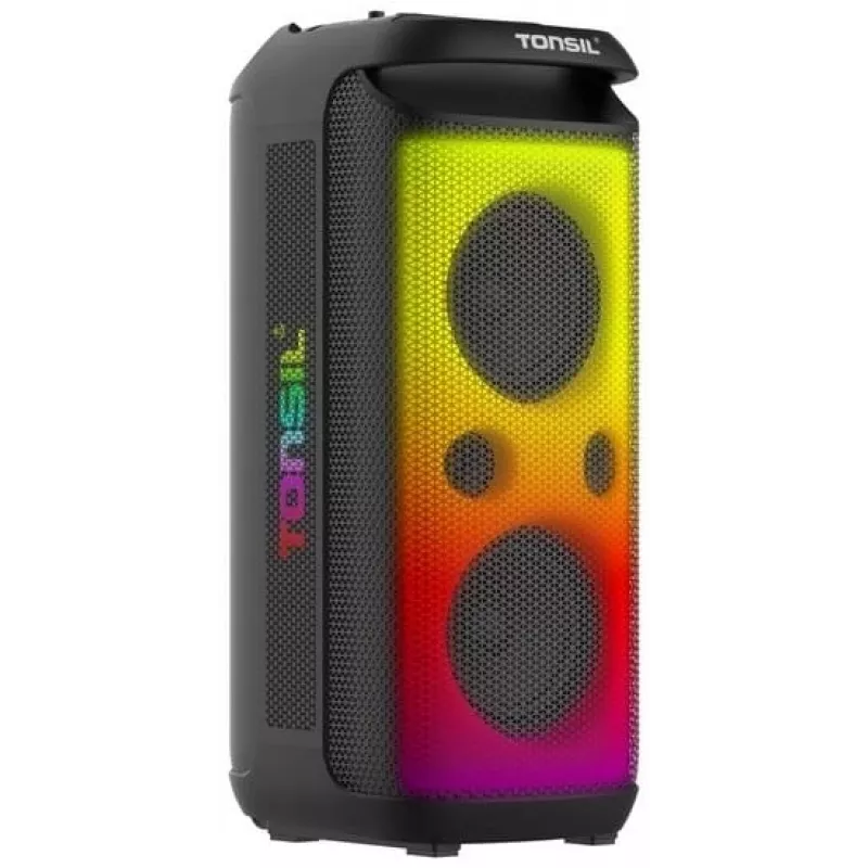 TONSIL Party Dance 1600 nešiojamas Bluetooth vakarėlių garsiakalbis su LED šviesomis, karaoke, 1600W PMPO, 80W RMS, 10 inch žemų dažnių garsiakalbiu, TWS, FM radiju, mikrofonu ir nuotolinio valdymo pulteliu