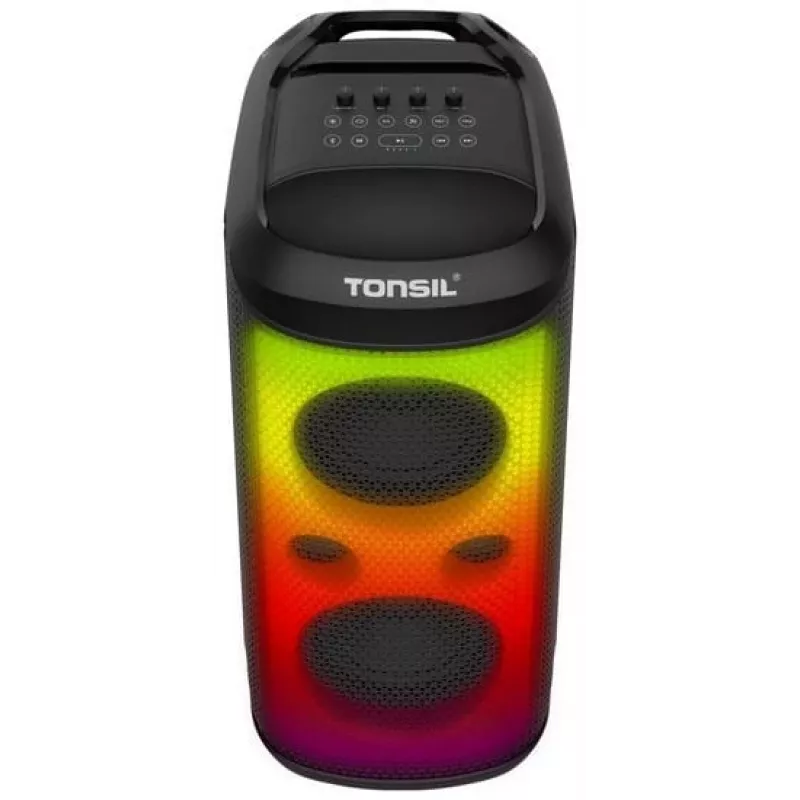 TONSIL Party Dance 1600 nešiojamas Bluetooth vakarėlių garsiakalbis su LED šviesomis, karaoke, 1600W PMPO, 80W RMS, 10 inch žemų dažnių garsiakalbiu, TWS, FM radiju, mikrofonu ir nuotolinio valdymo pulteliu