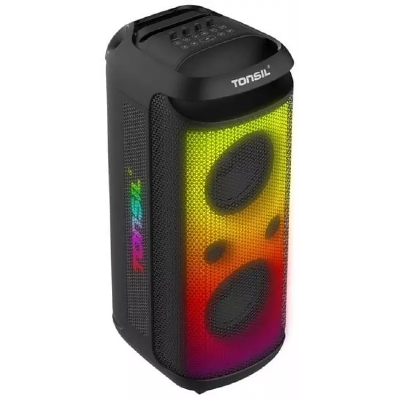TONSIL Party Dance 1600 nešiojamas Bluetooth vakarėlių garsiakalbis su LED šviesomis, karaoke, 1600W PMPO, 80W RMS, 10 inch žemų dažnių garsiakalbiu, TWS, FM radiju, mikrofonu ir nuotolinio valdymo pulteliu