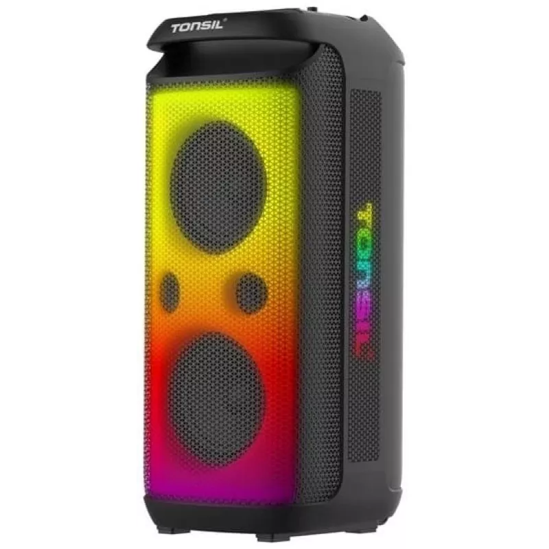 TONSIL Party Dance 1600 nešiojamas Bluetooth vakarėlių garsiakalbis su LED šviesomis, karaoke, 1600W PMPO, 80W RMS, 10 inch žemų dažnių garsiakalbiu, TWS, FM radiju, mikrofonu ir nuotolinio valdymo pulteliu