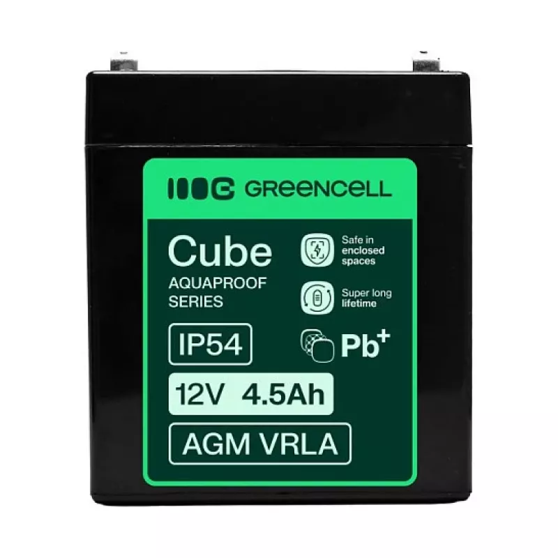 Greencell AGM VRLA 12V 4.5Ah Priežiūros Nereikalaujantis Akumuliatorius Kasos Aparatams, Žaislams, Kameroms (90x70x106mm)