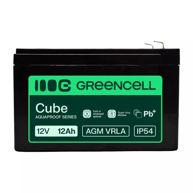Greencell AGM VRLA 12V 12Ah priežiūros nereikalaujantis akumuliatorius kasos aparatams, žaislams, kameroms (151x98,5x95mm)