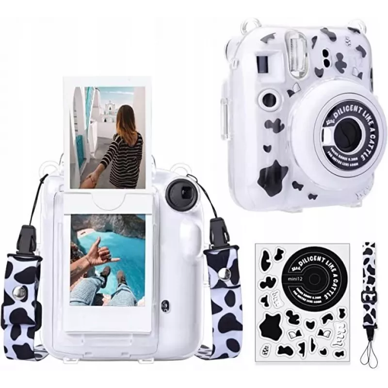 LOVEINSTANT Dėklas, skirtas Fujifilm Instax Mini 12, su lipdukais – karvės raštas