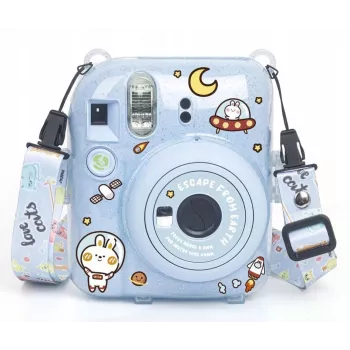 LOVEINSTANT Apsauginis Dėklas Fujifilm Instax Mini 12 - Escape From Earth, Mėlynas Blizgučiai su Lipdukais ir Nuotraukų Kišenele