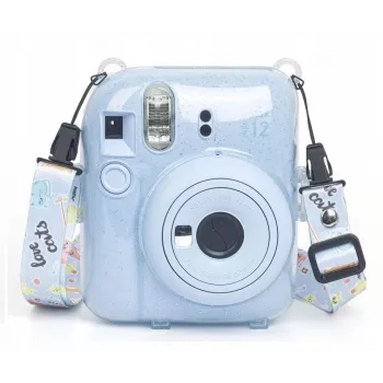 LOVEINSTANT Apsauginis Dėklas Fujifilm Instax Mini 12 - Escape From Earth, Mėlynas Blizgučiai su Lipdukais ir Nuotraukų Kišenele
