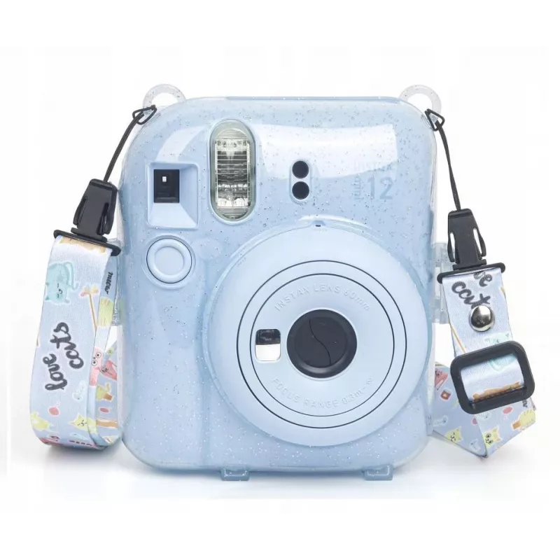 LOVEINSTANT Apsauginis Dėklas Fujifilm Instax Mini 12 - Escape From Earth, Mėlynas Blizgučiai su Lipdukais ir Nuotraukų Kišenele