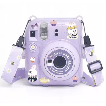 LOVEINSTANT Protective Case for Fujifilm Instax Mini 12 - Sweet Rabbit Design, Purple Glitter, with Stickers and Photo Pocket