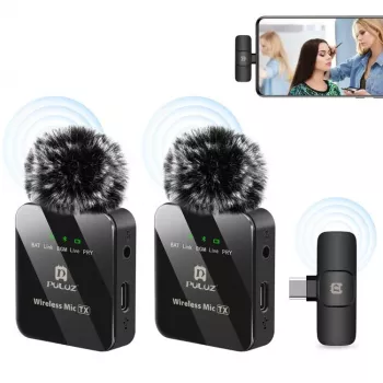 PULUZ PU648B 2x belaidis lavalier mikrofonas USB-C išmaniesiems telefonams, planšetėms, nešiojamiesiems kompiuteriams - 2.4GHz, įvairiakryptis, Plug and Play