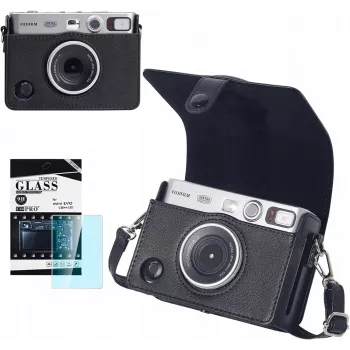 LOVEINSTANT 2-in-1 apsauginis dėklas ir grūdinto stiklo ekrano apsauga Fujifilm Instax Mini Evo – juoda