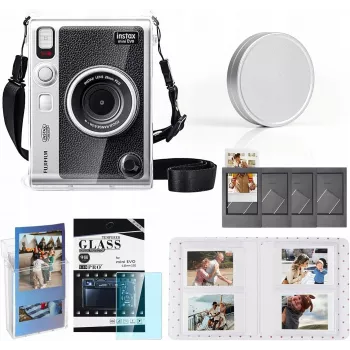 LOVEINSTANT 6-in-1 rinkinys: permatomas kietas dėklas + grūdinto stiklo ekrano apsauga + 64 kišenių fotoalbumas + objektyvo dangtelis + nuotraukų rėmeliai + peties dirželis, skirtas Fujifilm Instax Mini Evo