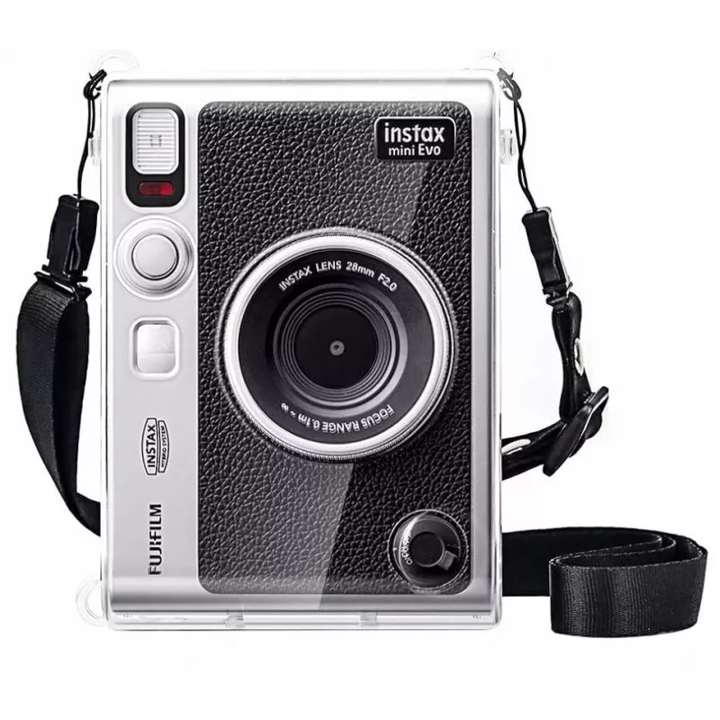 LOVEINSTANT 6-in-1 rinkinys: permatomas kietas dėklas + grūdinto stiklo ekrano apsauga + 64 kišenių fotoalbumas + objektyvo dangtelis + nuotraukų rėmeliai + peties dirželis, skirtas Fujifilm Instax Mini Evo