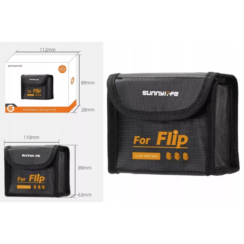 SUNNYLIFE Fireproof LiPo Battery Safe Bag for DJI Flip Drone - Holds 3 Batteries - Black