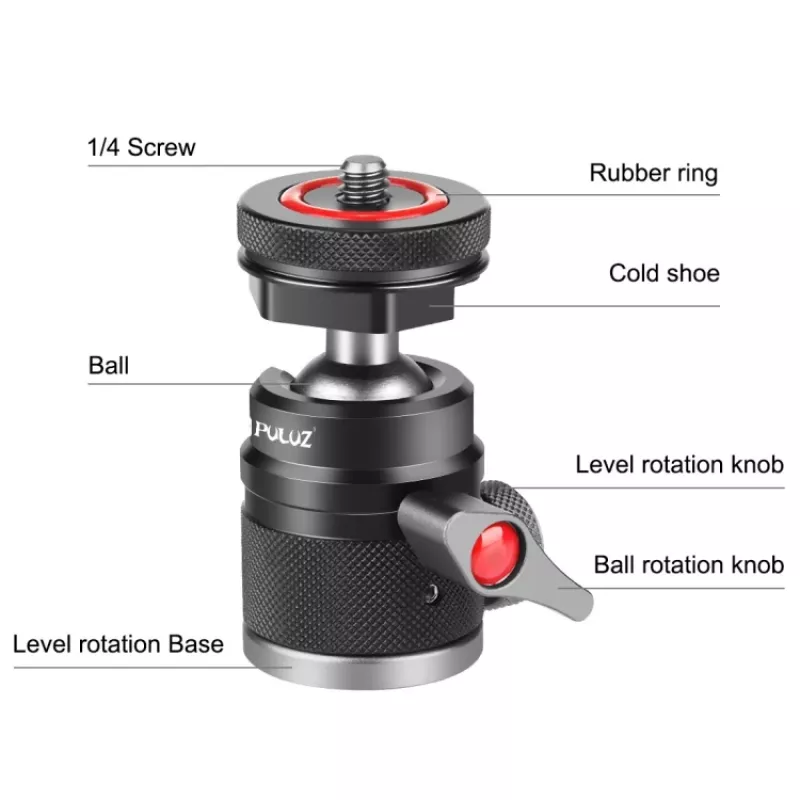 PULUZ Mini Ball Head 3D su 1/4 colio varžtu ir 2 Cold Shoe laikikliais, keliamoji galia 3 kg, juoda PU3075B