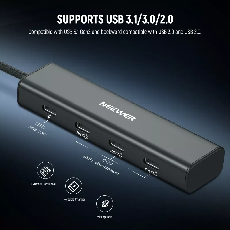 NEEWER PS020E USB-C Hub 4-in-1 su 5x USB-C 10Gbps 100W PD, Cold Shoe Mount ir 1/4 inch sriegiu