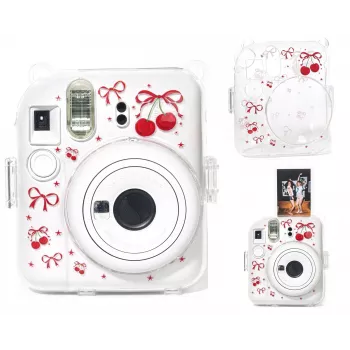 LOVEINSTANT Kietas apsauginis dėklas, skirtas Fujifilm Instax Mini 12 – raudonų vyšnių raštas su petnešėle