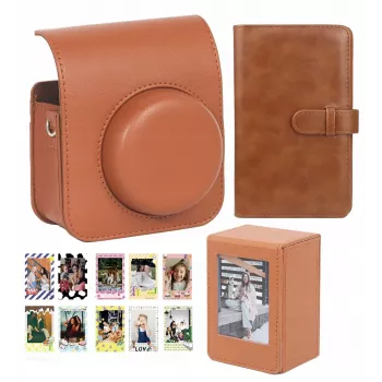 LOVEINSTANT 4-in-1 rinkinys: fotoaparato dėklas, nuotraukų albumas, laikymo dėžutė, lipdukai, skirtas Fuji Instax Mini 41 - ruda