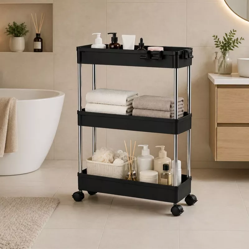 LEAN Multifunctional Mobile Shelf 3 Shelves on Wheels Black