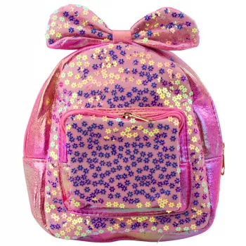 Vaikiška kuprinė LEAN su blizgučiais, gėlėmis, kaspinu, rožinė, 22cm, 2,8L
